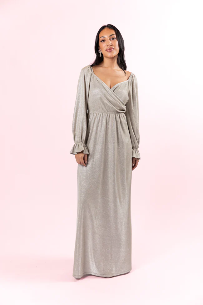 Holiday Magic Silver Shimmer Rouched Maxi Dress FINAL SALE - Aiturbor