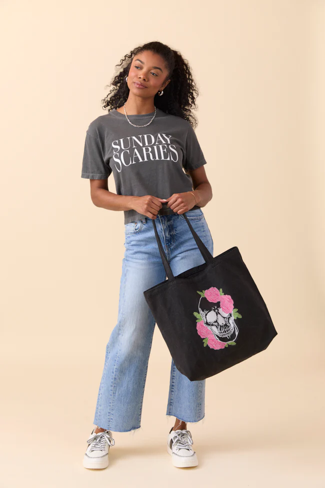Skull and Roses Washed Black Graphic Tote Bag - Aiturbor