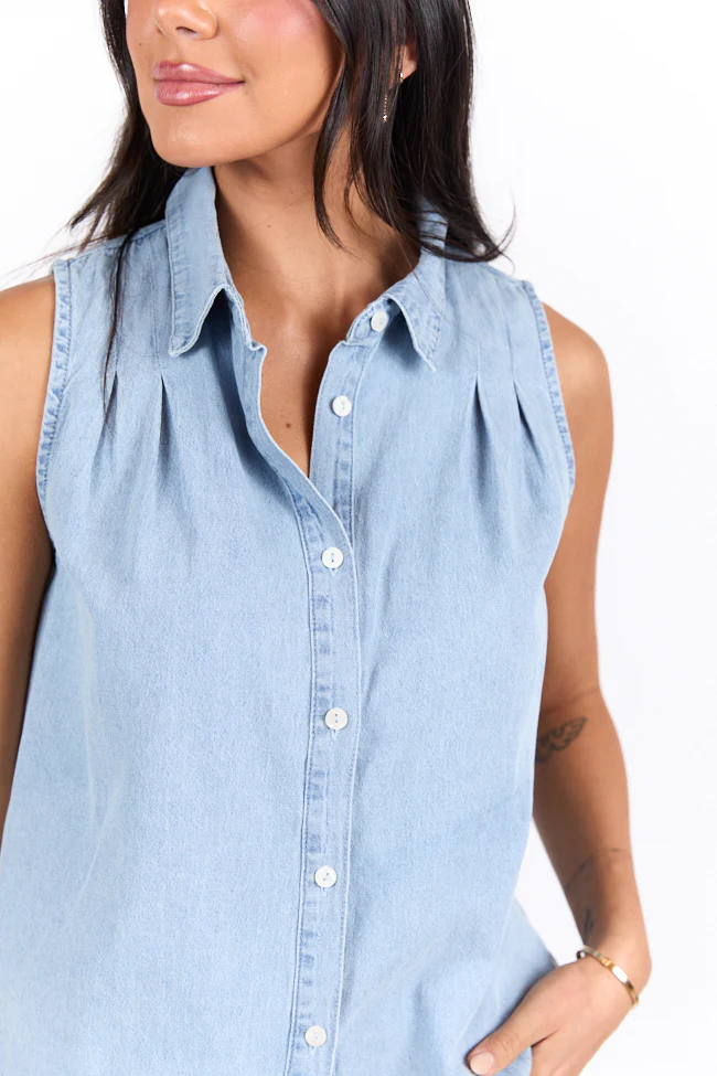Smooth Sailing Light Wash Sleeveless Collared Chambray Tank SALE - Aiturbor