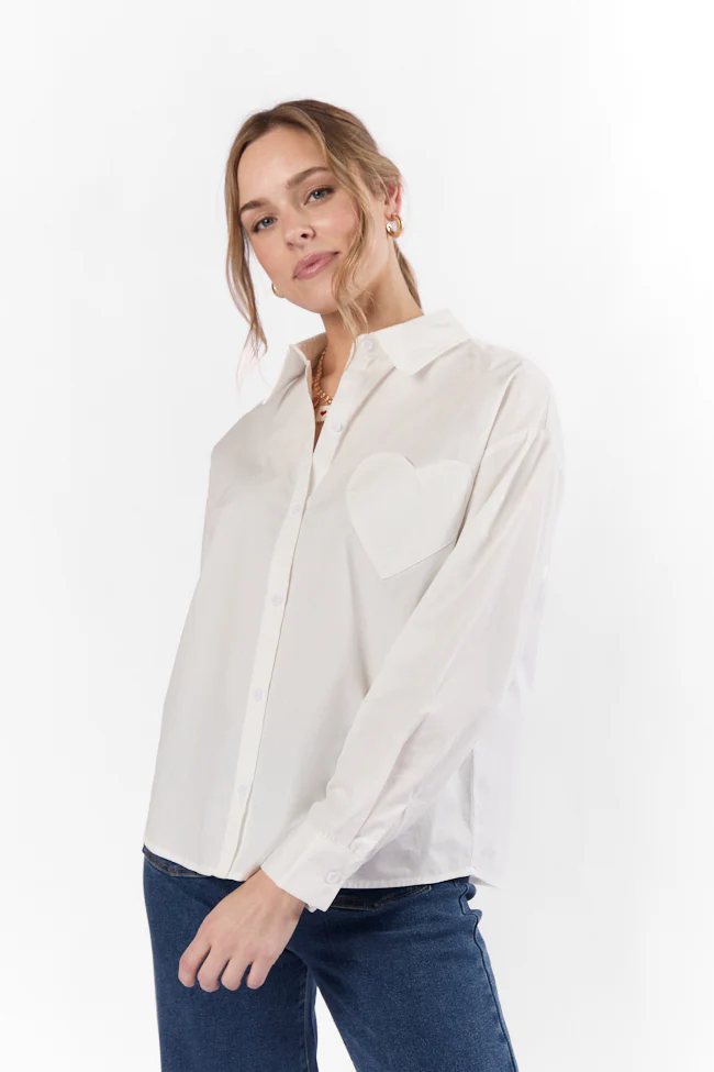 All My Love Heart Pocket Ivory Button Down Blouse FINAL SALE - Aiturbor