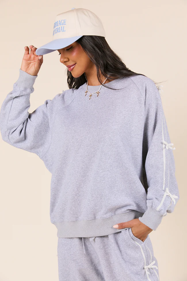 Kinley Heather Grey Side Bow Detail Crewneck Sweatshirt - Aiturbor