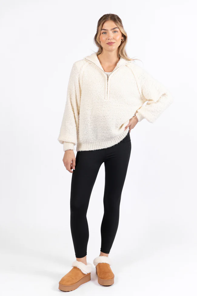 Signature Move Cream Fuzzy Quarter Zip Pullover FINAL SALE - Aiturbor