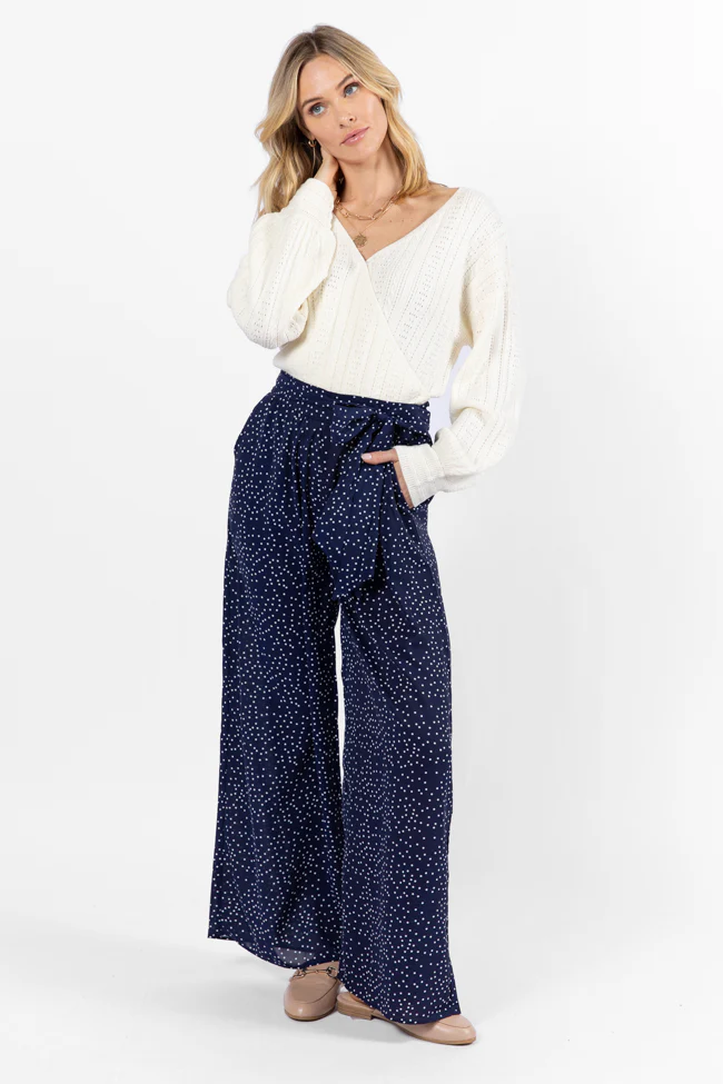 Over The Blues Navy Polka Dot Belted Wide Leg Pants FINAL SALE - Aiturbor