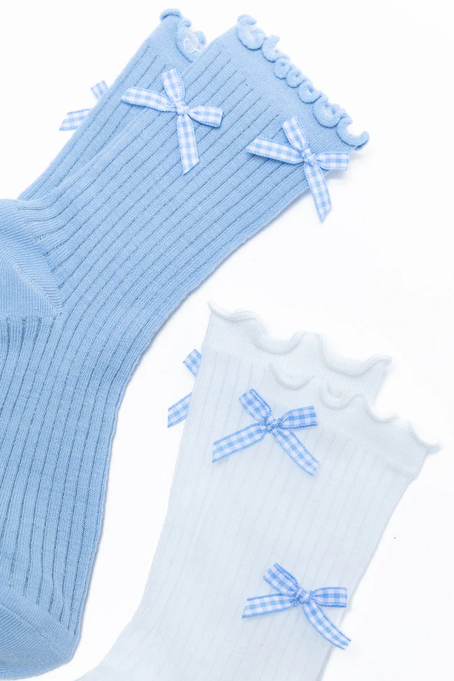 White and Blue Gingham Bow Sock Set DOORBUSTER - Aiturbor