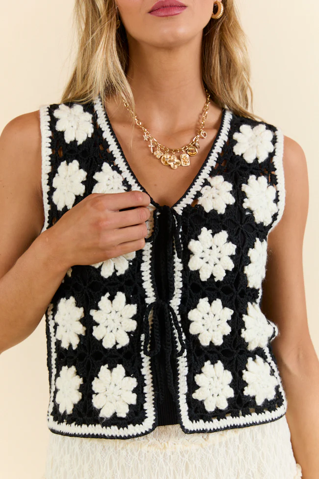 Rodeo Drive Black and Ivory Crochet Sweater Vest - Aiturbor