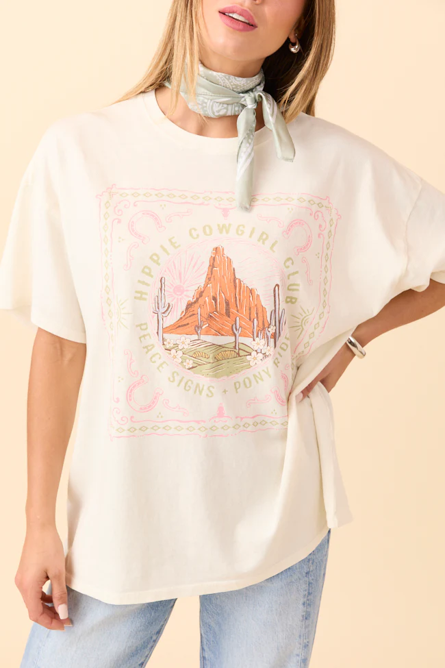 Hippie Cowgirl Club Off White Oversized Graphic Tee - Aiturbor