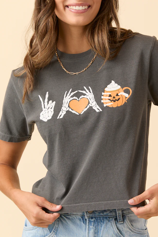 Peace, Love, and Pumpkin Spice Latte Dark Grey Boxy Graphic Tee - Aiturbor
