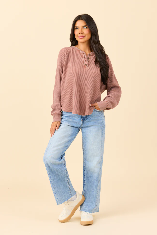 Abbie Long Sleeve Mineral Wash Chestnut Thermal Henley - Aiturbor