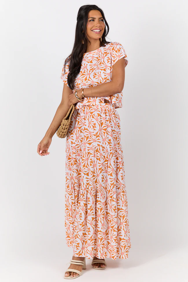 Dinner Downtown Orange Multi Floral Print Two Piece Skirt Set - Aiturbor