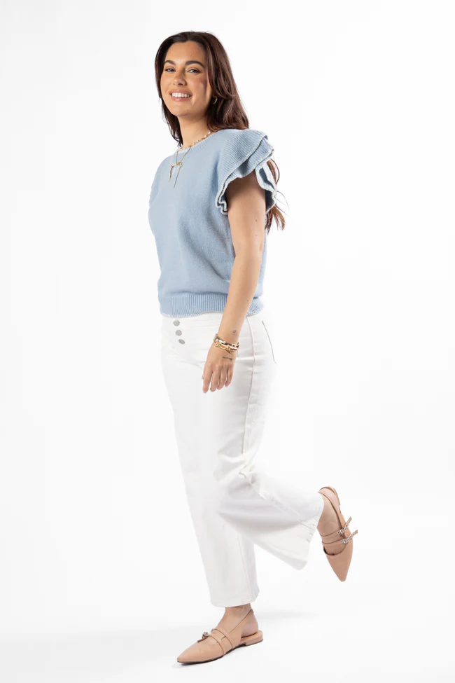 Everywhere and Back Light Blue Flutter Sleeve Stitched Detail Sweater FINAL SALE - Aiturbor