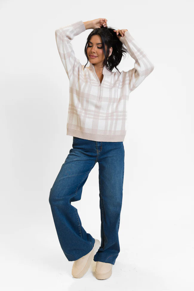 Make It Count Beige Plaid Printed Quarter Zip Pullover FINAL SALE - Aiturbor