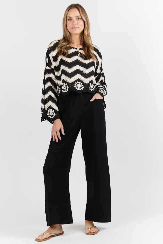 In The Breeze Black Gauze Pull On Wide Leg Pants FINAL SALE - Aiturbor