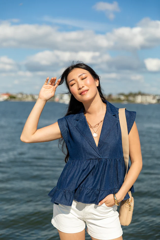 Perfect Aura Dark Wash Denim Collared Tank - Aiturbor