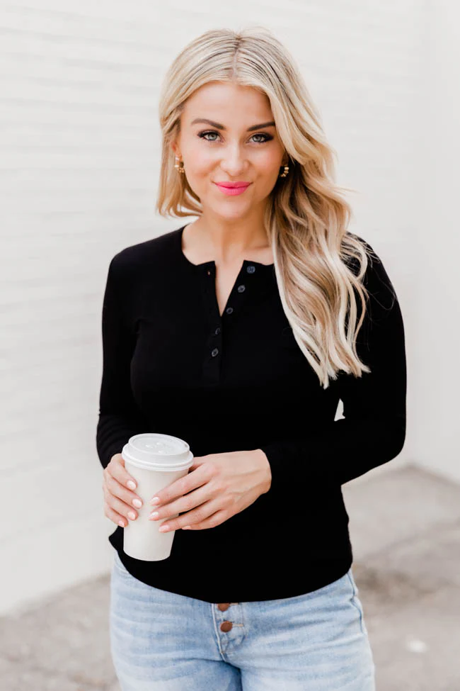 All The Better Black Ribbed Knit Henley Long Sleeve Tee FINAL SALE - Aiturbor