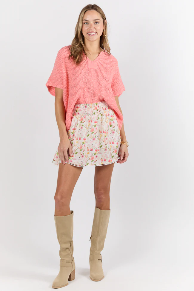 Make Waves Coral Short Sleeve Textured Lightweight Sweater FINAL SALE - Aiturbor