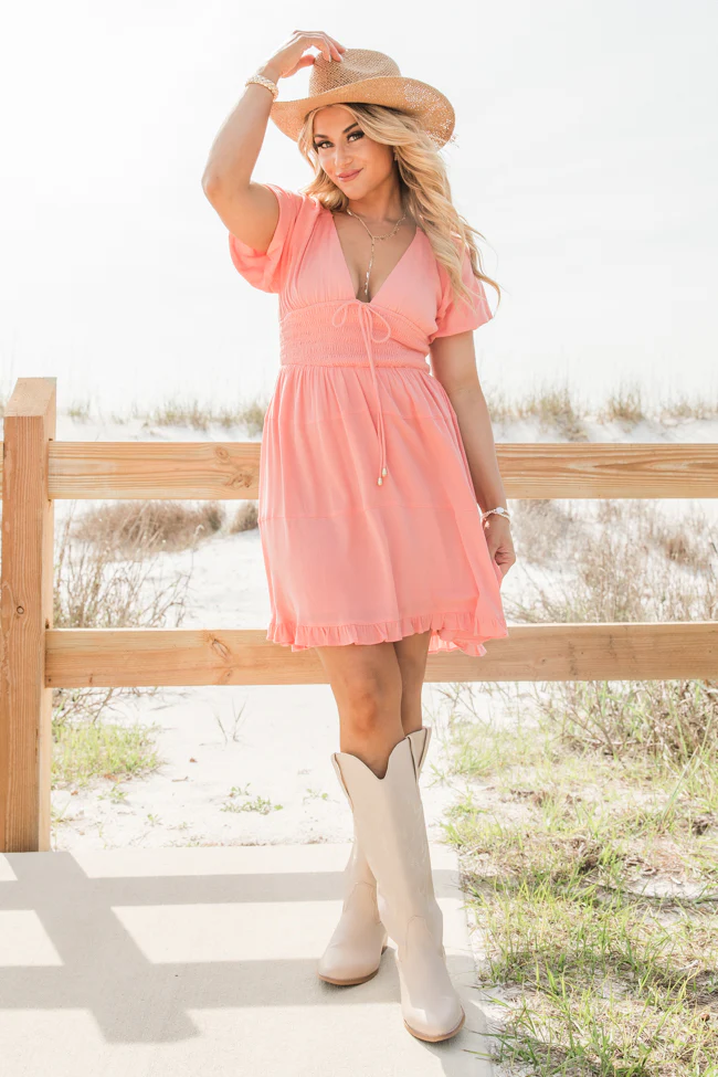 Urban Cowgirl Coral V-Neck Smocked Dress FINAL SALE - Aiturbor