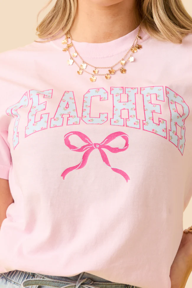 Teacher Block Florals Light Pink Graphic Tee DOORBUSTER - Aiturbor
