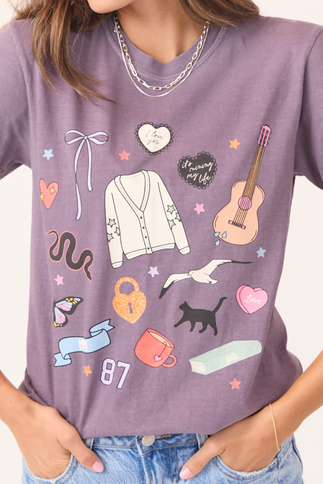 Eras Multi Icons Purple Graphic Tee - Aiturbor