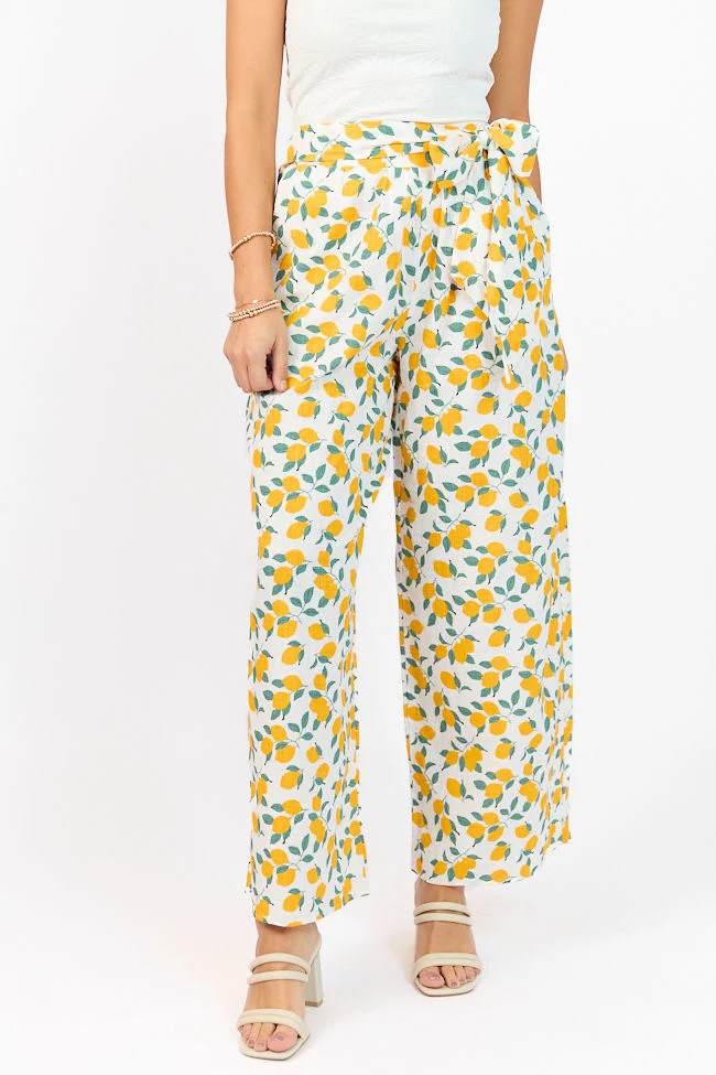 Main Squeeze Ivory Lemon Print Belted Wide Leg Pants FINAL SALE - Aiturbor