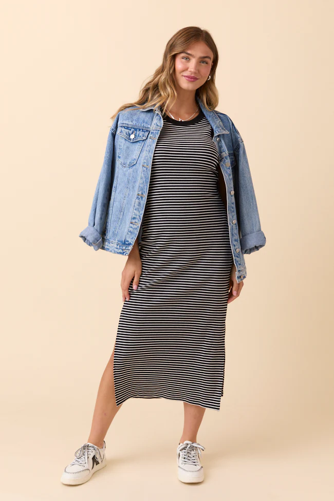 Emmie Lou Black Striped Ribbed Knit Maxi Dress DOORBUSTER - Aiturbor