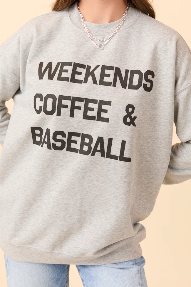Weekends Coffee and Baseball Light Grey Graphic Sweatshirt - Aiturbor