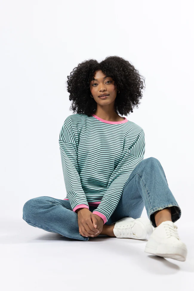 Think On It Pink, Navy, and Charcoal Striped Contrast Trim Pullover FINAL SALE - Aiturbor