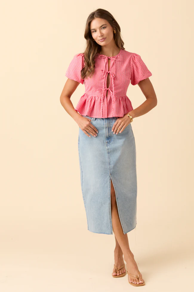 Mila Red Gingham Tie Front Flounce Woven Blouse DOORBUSTER - Aiturbor