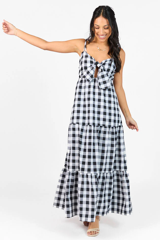 Checked Out Black and White Gingham Tie Front Maxi Dress FINAL SALE - Aiturbor