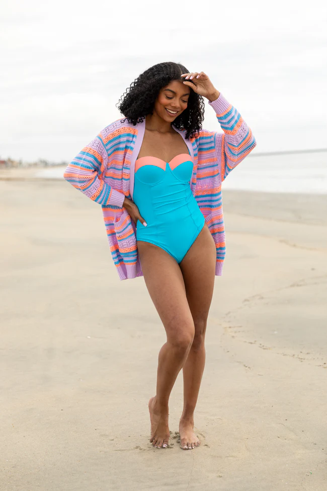 Sandbar Soiree Blue and Coral Contrast Trim One Piece Swimsuit FINAL SALE - Aiturbor