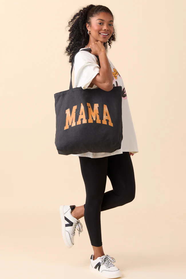 Mama Block Halloween Printed Washed Black Graphic Tote Bag - Aiturbor