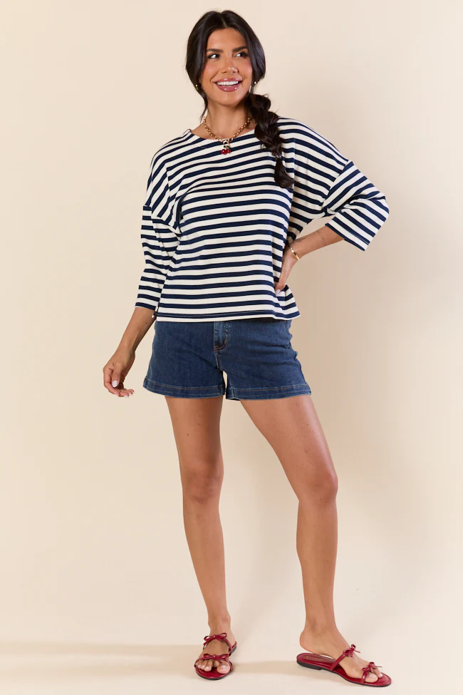 Bold Lines Navy Striped 3/4 Sleeve Knit Top SALE - Aiturbor