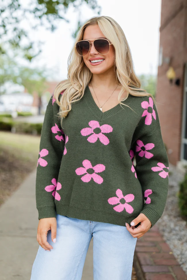Keep You Around Olive and Pink Floral V-neck Sweater FINAL SALE - Aiturbor