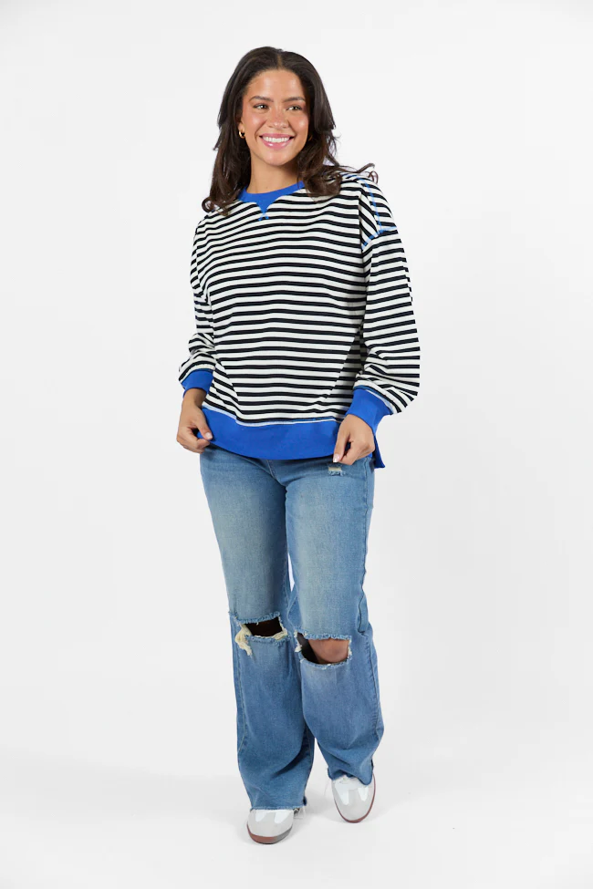On A Dime Black and Blue Striped Sweatshirt FINAL SALE - Aiturbor