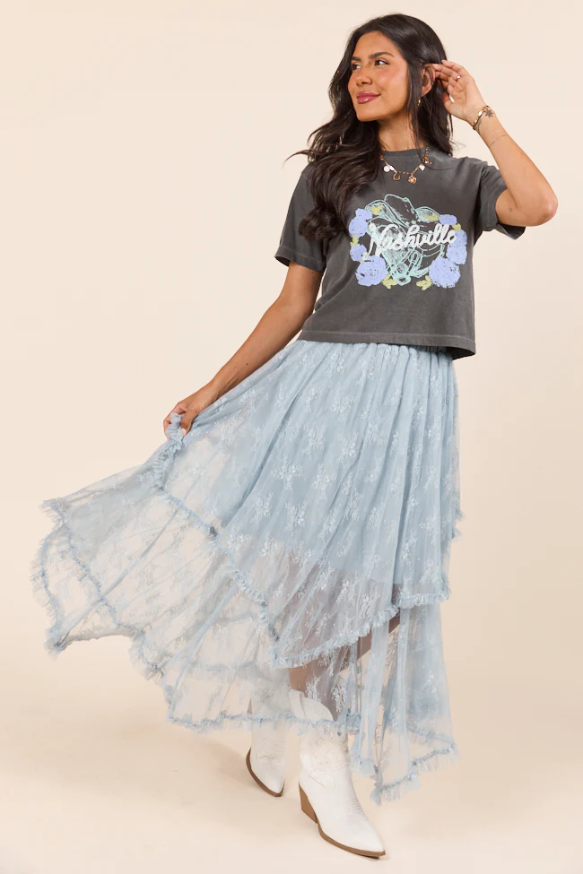Cynthia Dusty Blue All Over Lace Hanky Hem Skirt - Aiturbor