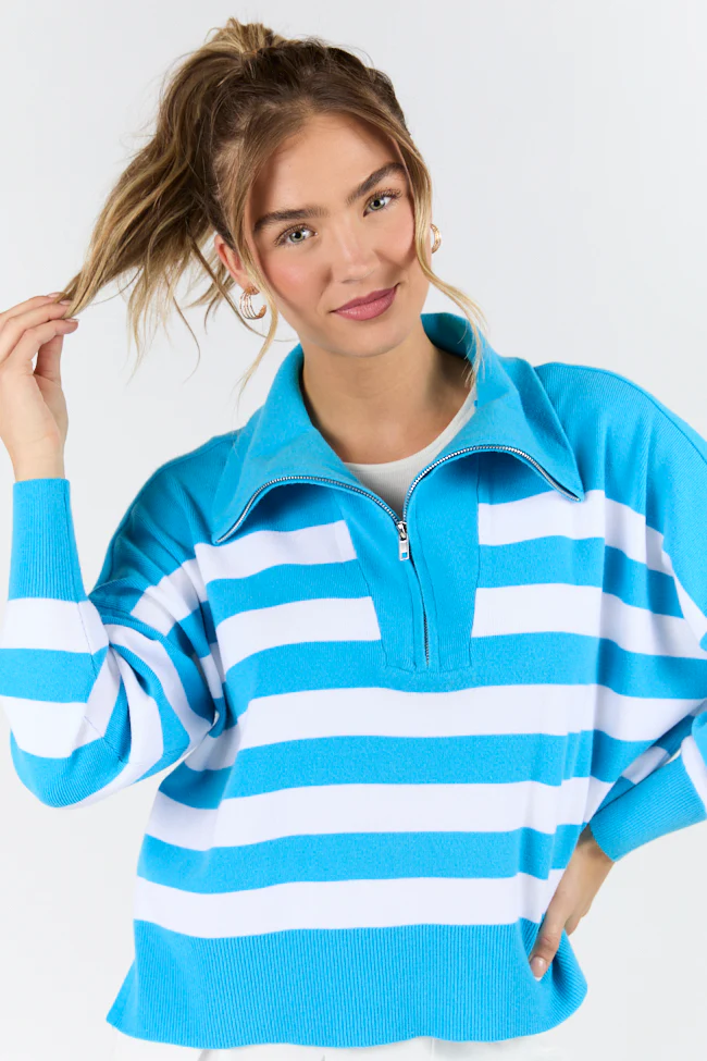 Pulling Heartstrings Hip Length Aqua Stripe Quarter Zip Pullover DOORBUSTER - Aiturbor