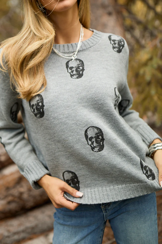 Ramona Grey Skull Print Crewneck Sweater - Coming Soon - Aiturbor