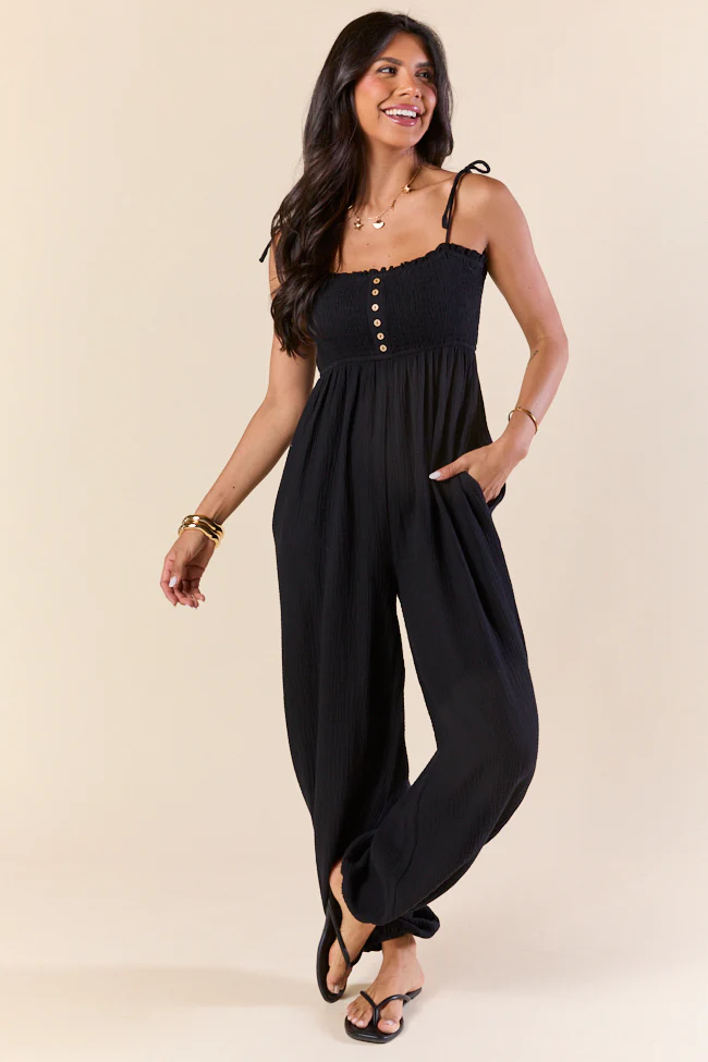 All Around Town Black Gauze Jumpsuit - Aiturbor