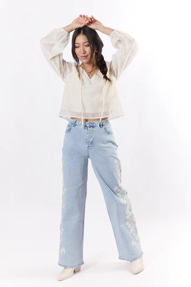 Daisy Light Wash Floral Embroidered Wide Leg Jeans FINAL SALE - Aiturbor