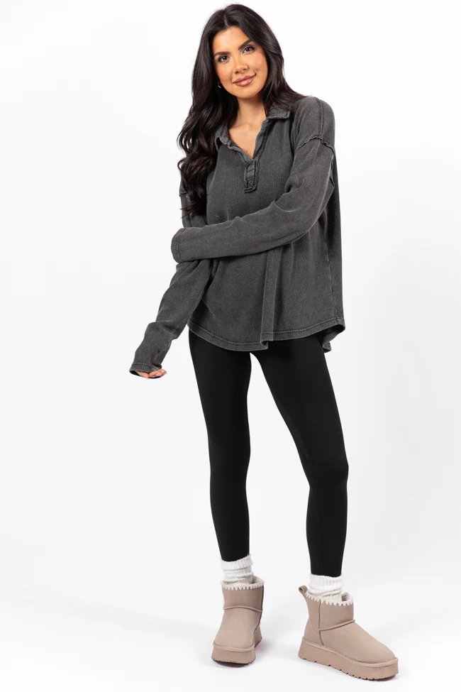 Leaf Your Worries Black Acid Washed Waffle Collared Top - Aiturbor