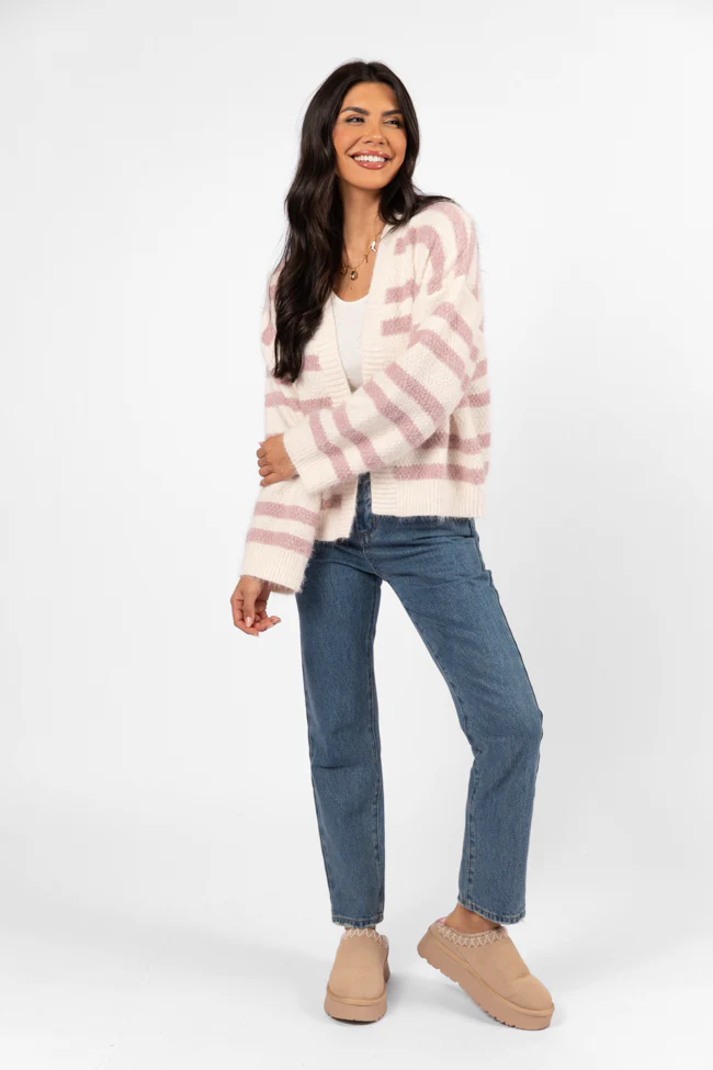 Made My Change Mauve and Cream Fuzzy Striped Cardigan SALE - Aiturbor