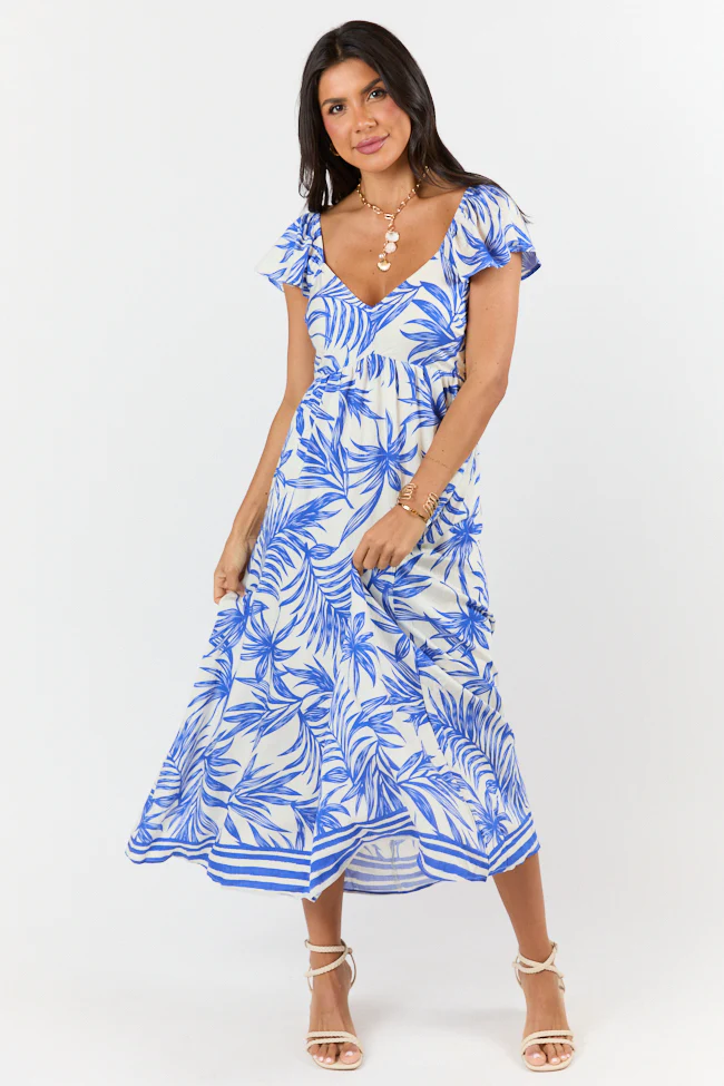 Palm Oasis Blue and White Leaf Printed Midi Dress - Aiturbor