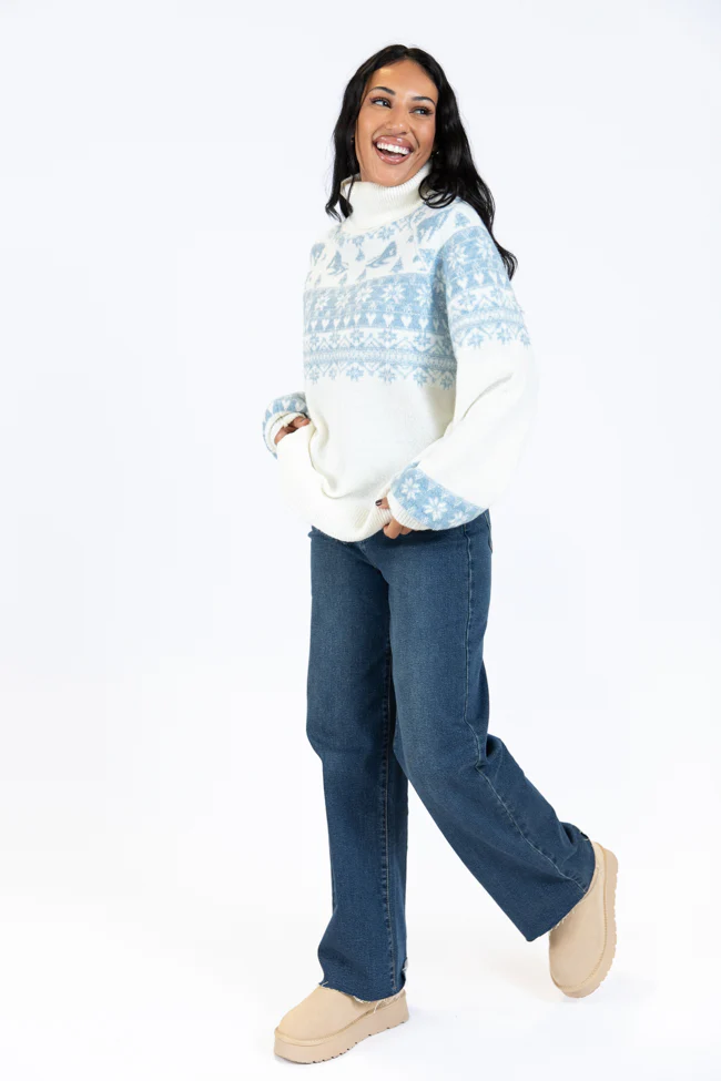 For The Best Ivory and Blue Ski Print Fair Isle Turtleneck Sweater FINAL SALE - Aiturbor