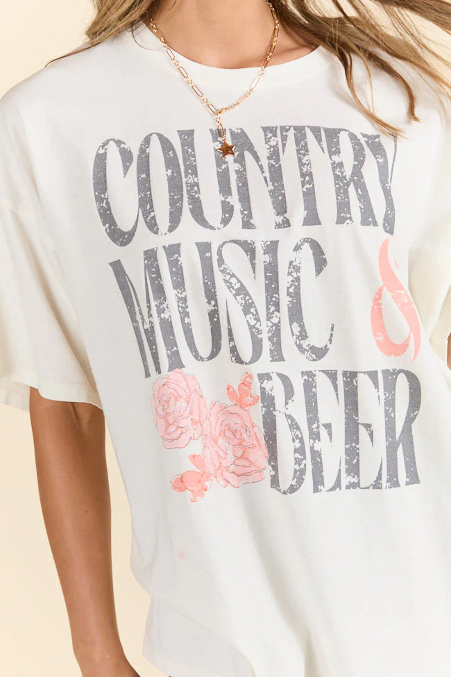 Country Music & Beer Off White Oversized Graphic Tee - Aiturbor