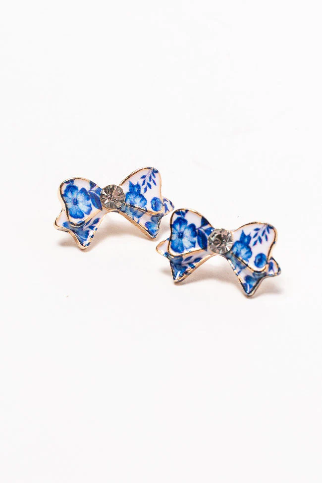 Blue Floral Printed Bow Earrings - Aiturbor