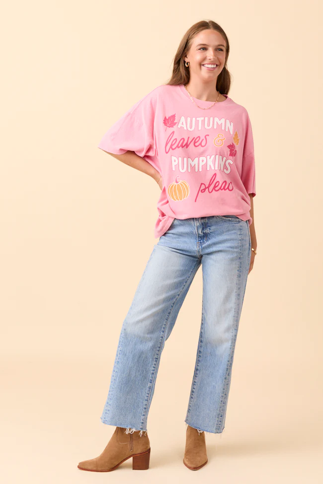 Autumn Leaves & Pumpkins Please Taffy Pink Oversized Graphic Tee - Aiturbor
