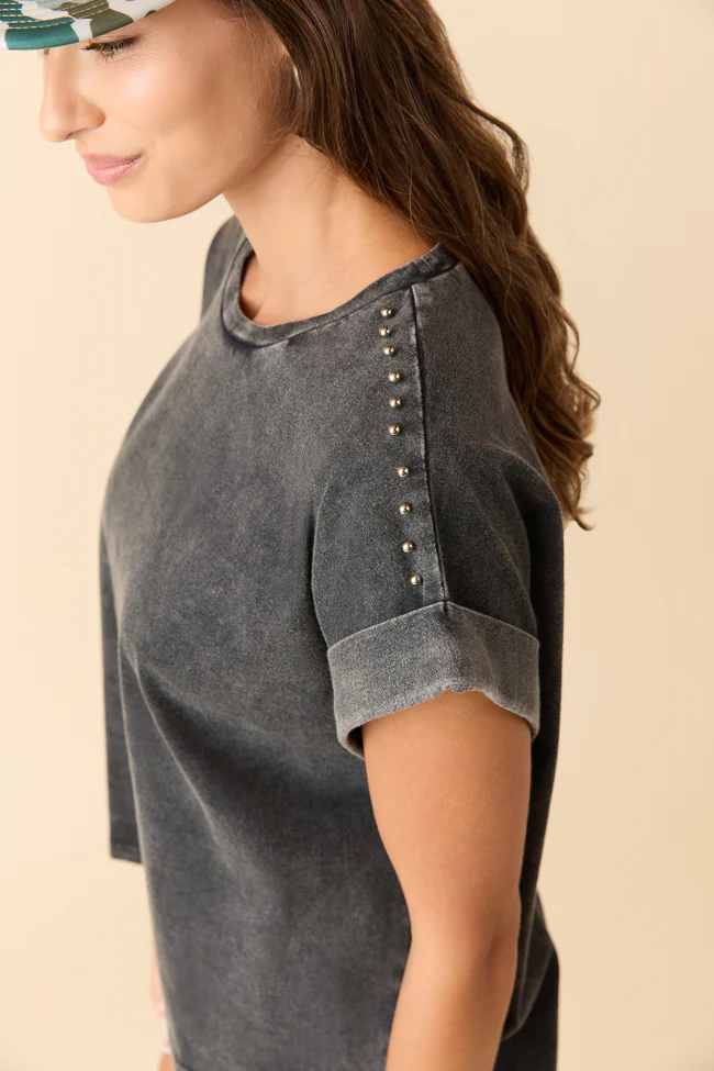 Kamryn Studded Short Sleeve Black Acid Wash Tee - Aiturbor
