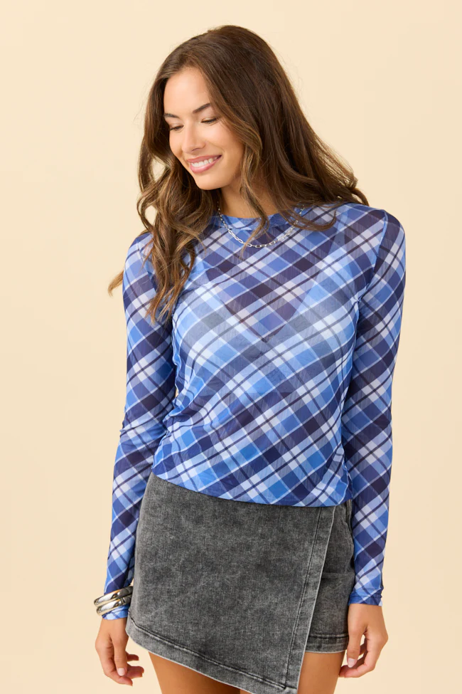 Ansley Long Sleeve Blue Plaid Mesh Crewneck Top DOORBUSTER - Aiturbor