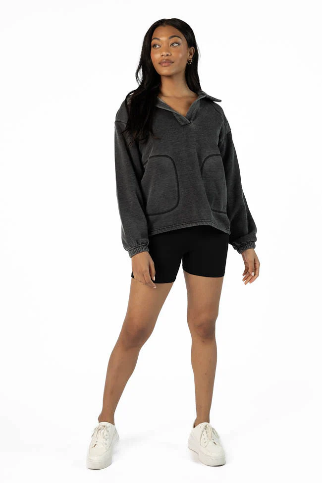 Learn As You Go Black Acid Wash Collared Pullover FINAL SALE - Aiturbor