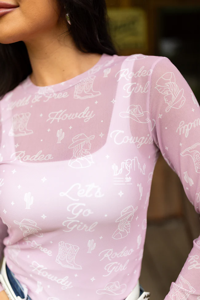 Darlene Long Sleeve Pink Cowgirl Mesh Crewneck Top - Aiturbor