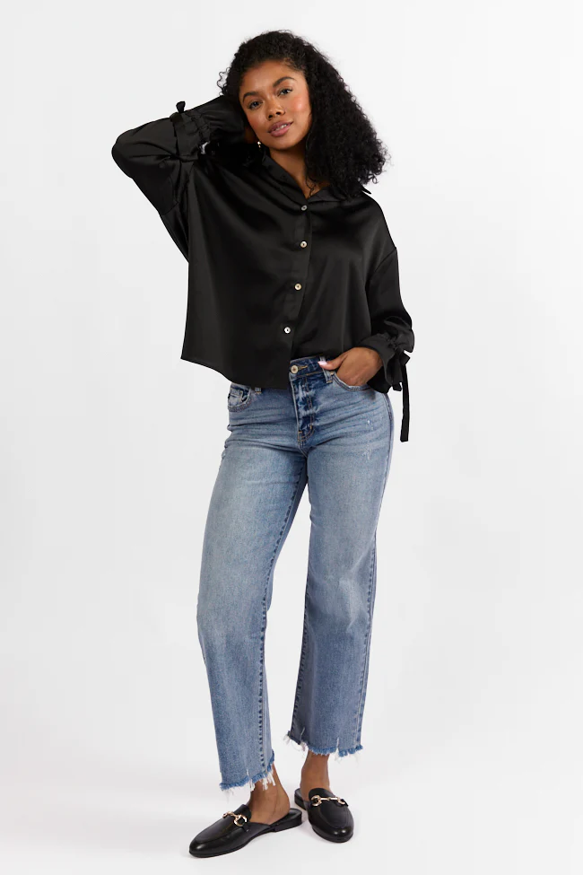 Think It Through Black Bow Cuff Satin Button Down Shirt FINAL SALE - Aiturbor